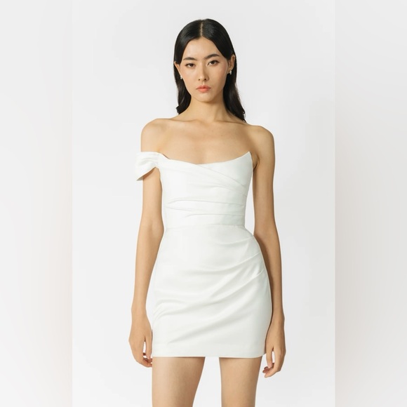 SAU LEE Brenda Mini Dress Elegant White Off-Shoulder with Draped Side Bridal 0 - Picture 4 of 14
